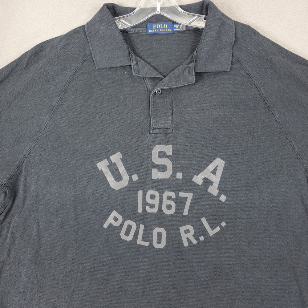Polo Ralph Lauren Polo Shirt Men 2XB Black USA 1967 Graphic Raglan Cotton Reflec